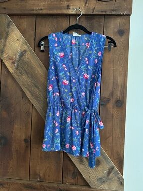 Blue Floral Wrap Sleeveless Blouse